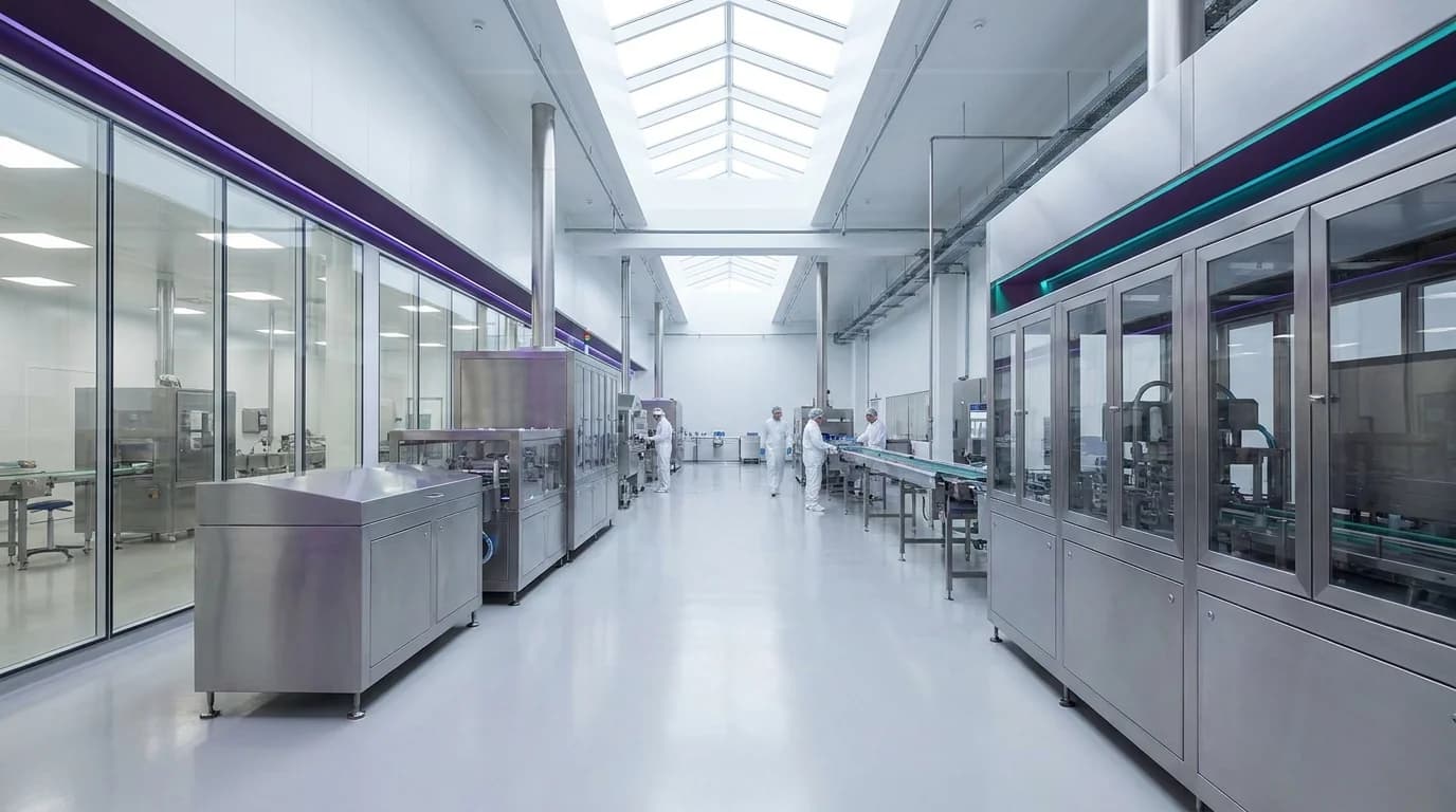 Biocare pharmaceutical manufacturing hall with cleanroom production lines