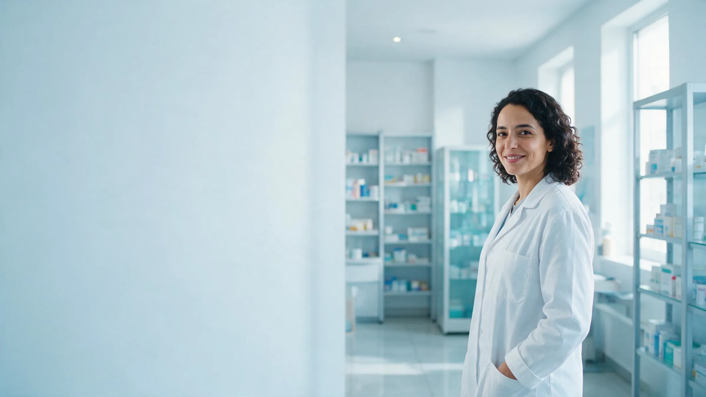 Clear daylight in an Algerian pharmacy, a pharmacist at the counter